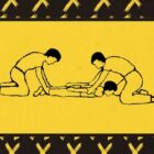 Illustration black ink on bright yellow background or two adults on their knees at head and feet of small child pinning him face-down to the ground