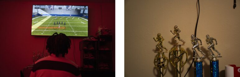 11-year old arrested for making threat in Tennessee: left image of child playing football video game and right image of football trophies on shelf