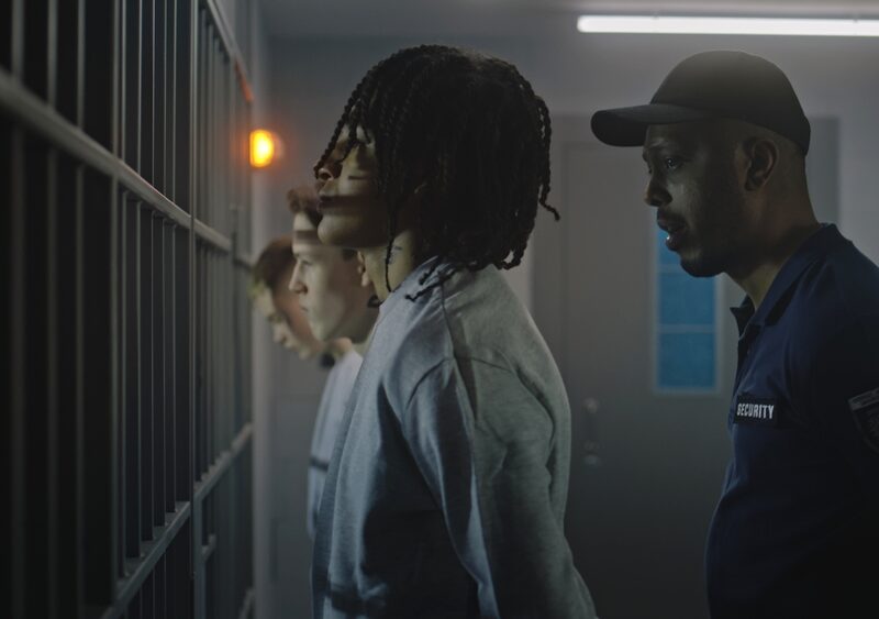 Teens Adult prisons: Thre teen males in a dimly lit jail cell, stand in a row facing jail cell bars with uniformed guard standing behind them